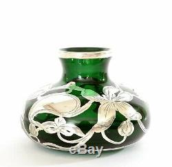 Antique Emerald Green Glass Silver Overlay Vase Art Nouveau Style