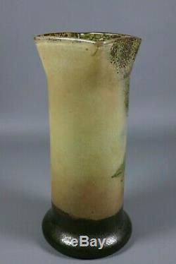 Antique French Legras Enameled Cameo Glass Vase River Scene Art Nouveau c1910