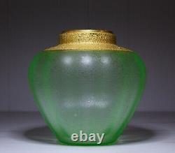 Antique Green Frosted Art Glass Gold Gilt Green Vase