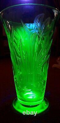Antique John Walsh Art Deco Green Uranium Glass Lily Cut Vase Signed