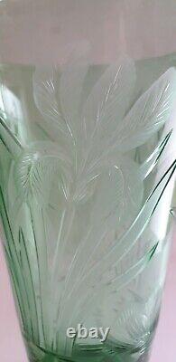 Antique John Walsh Art Deco Green Uranium Glass Lily Cut Vase Signed