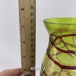 Antique Kralik Bohemian Art Glass Green Iridescent Swirled Threaded Vase 7.25