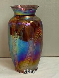 Antique Loetz Bohemian Threaded Art Glass Iridescent Free Form Amethyst Vase