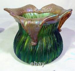 Antique Loetz Kralik Green Iridescent Art Glass Vase Rusticana Crete Chine