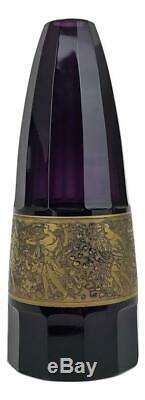 Antique MOSER KARLSBAD Czech Art Deco Gilded Amethyst Purple Glass Signed Vase