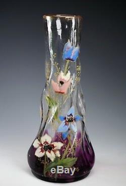 Antique Moser Amethyst Art Glass Enamel Flowers Gold Rim Vase Polished Pontil