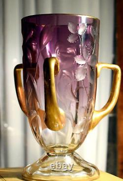 Antique Moser Art Nouveau Amethyst Cut Glass Ear Vase with Lilies