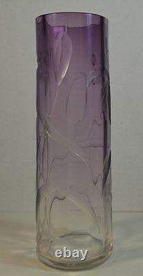 Antique Moser Art Nouveau Amethyst to Clear Glass Vase with Lilies