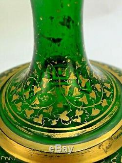 Antique Moser Czech Bohemian Art Glass Heart Vase Gold Gilt over Green Glass