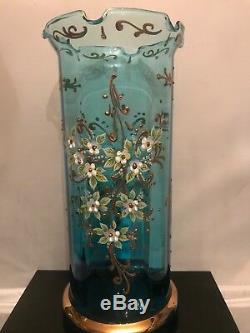 Antique Moser, Harrach Bohemian Art Glass Heavy Gold Enameled Flowers Vase 11 H