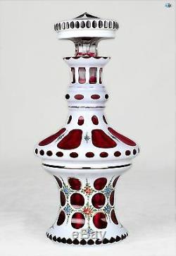 Antique Original 1800s Bohemian Art Glass White Cased Cranberry Decanter Vase
