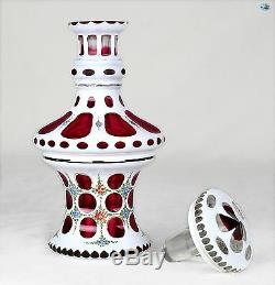 Antique Original 1800s Bohemian Art Glass White Cased Cranberry Decanter Vase