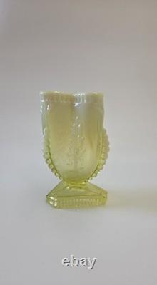 Antique Pressed Vaseline Glass Footed Leaf Themed Spill Vase C. 1885