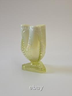 Antique Pressed Vaseline Glass Footed Leaf Themed Spill Vase C. 1885
