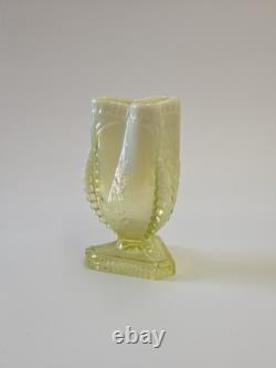 Antique Pressed Vaseline Glass Footed Leaf Themed Spill Vase C. 1885