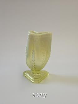 Antique Pressed Vaseline Glass Footed Leaf Themed Spill Vase C. 1885