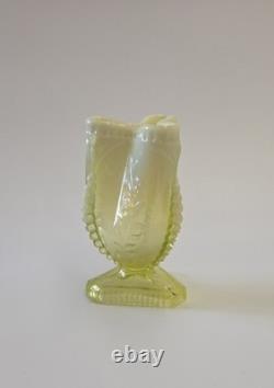 Antique Pressed Vaseline Glass Footed Leaf Themed Spill Vase C. 1885