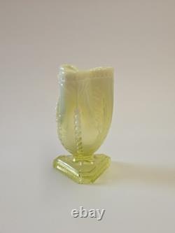 Antique Pressed Vaseline Glass Footed Leaf Themed Spill Vase C. 1885