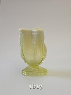 Antique Pressed Vaseline Glass Footed Leaf Themed Spill Vase C. 1885
