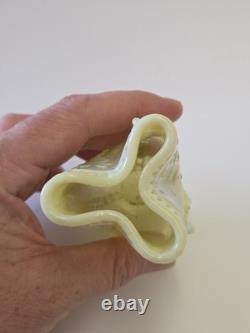 Antique Pressed Vaseline Glass Footed Leaf Themed Spill Vase C. 1885