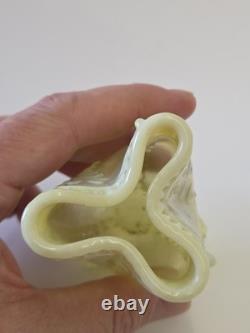 Antique Pressed Vaseline Glass Footed Leaf Themed Spill Vase C. 1885