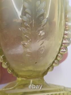 Antique Pressed Vaseline Glass Footed Leaf Themed Spill Vase C. 1885