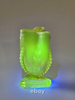 Antique Pressed Vaseline Glass Footed Leaf Themed Spill Vase C. 1885
