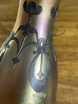 Antique Quezal Signed Iridescent Art Glass Vase with Sterling Silver Overlay 9