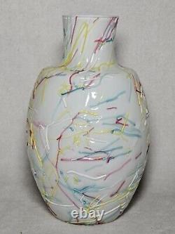 Antique Rainbow Peloton Art Glass Vase With Multicolored Applied Threads