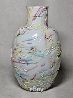 Antique Rainbow Peloton Art Glass Vase With Multicolored Applied Threads