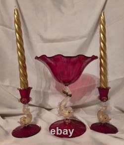 Antique Salviati Murano Gold flecked Dolphin stem Table Centerpiece Mouth Blown Antique Salviati Murano Gold flecked Dolphin stem Table Centerpiece Mouth Blown