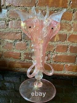 Antique Salviati Murano Venetian Gold Flake Art Glass 3 Sea Serpent Dolphin Vase
