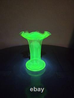Antique UV Sensitive Victorian Hand Blown Opalescent Ruffled Rim Art Glass Vase