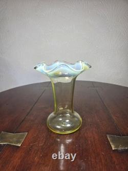 Antique UV Sensitive Victorian Hand Blown Opalescent Ruffled Rim Art Glass Vase