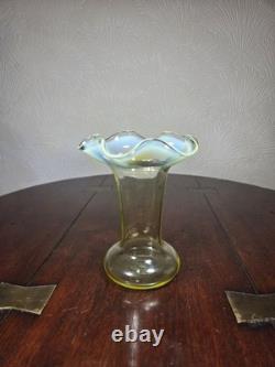 Antique UV Sensitive Victorian Hand Blown Opalescent Ruffled Rim Art Glass Vase