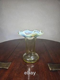 Antique UV Sensitive Victorian Hand Blown Opalescent Ruffled Rim Art Glass Vase