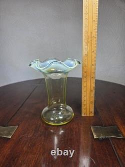 Antique UV Sensitive Victorian Hand Blown Opalescent Ruffled Rim Art Glass Vase