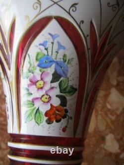 Antique Vase Bohemia Glass Art Bohemian Gild Enamel Flower Overlay Faceting 19th