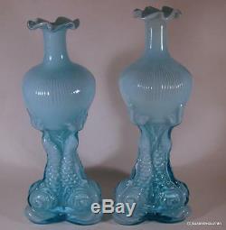 Antique Victorian Art Glass Blue Cased Glass Dolphin Candlestick Vase Pair