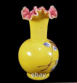 Antique Victorian Art Glass Vase Ruffled Enameled Birds Decoration Yellow Pink