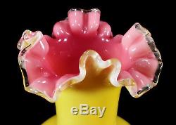 Antique Victorian Art Glass Vase Ruffled Enameled Birds Decoration Yellow Pink