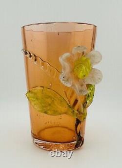 Antique Victorian Bohemian Glass Tumbler Harrach Mounted Flower Circa 1890