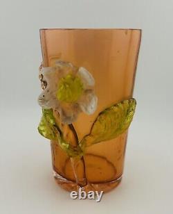 Antique Victorian Bohemian Glass Tumbler Harrach Mounted Flower Circa 1890