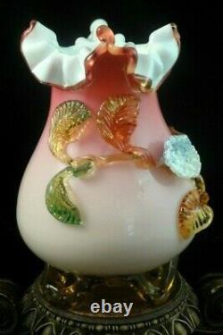 Antique Victorian Bohemian Harrach Cased Pink Applied Blue Flower Art Glass Vase