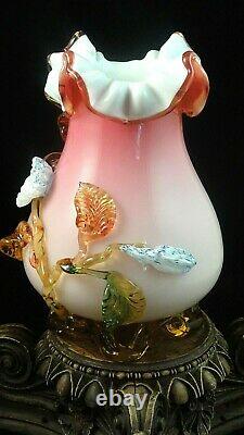 Antique Victorian Bohemian Harrach Cased Pink Applied Blue Flower Art Glass Vase