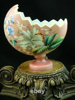 Antique Victorian Bohemian Harrach Pink Hand Painted Multi Floral Art Glass Vase