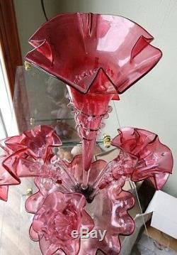 Antique Victorian Cranberry Epergne Art Glass Central Flute Tulip Vase 7 Flutes