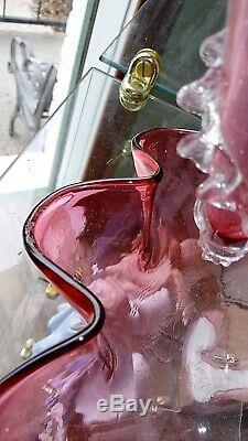 Antique Victorian Cranberry Epergne Art Glass Central Flute Tulip Vase 7 Flutes