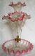 Antique Victorian Era Art Glass Cranberry Opalescent Epergne Vase 4 Horns