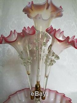 Antique Victorian Era Art Glass CRANBERRY opalescent Epergne Vase 4 Horns